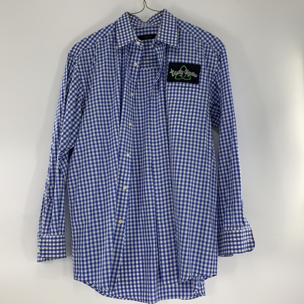 Men’s Cortina Long Sleeve Size L with sponsor patches Trinity Ropes blue check